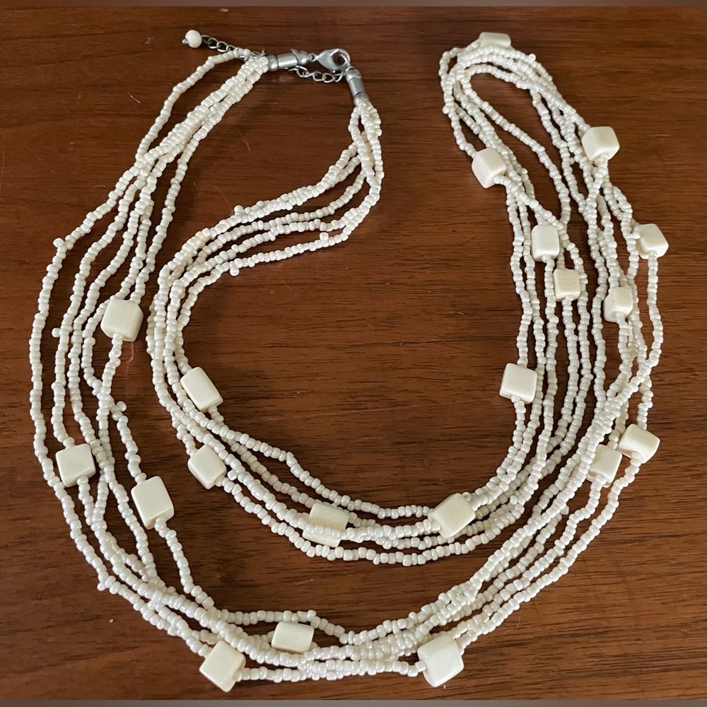 Vintage 1970s MultiStrand Cream Seed Bead Cube Necklace 32” Boho Style